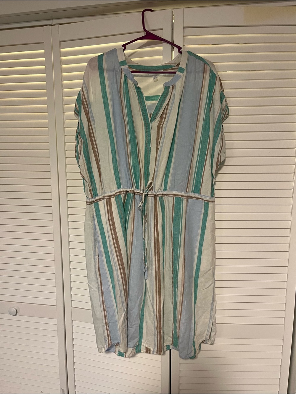 Time and Tru Teal, Light Blue & Tan Striped Tie-Waist Midi Dress